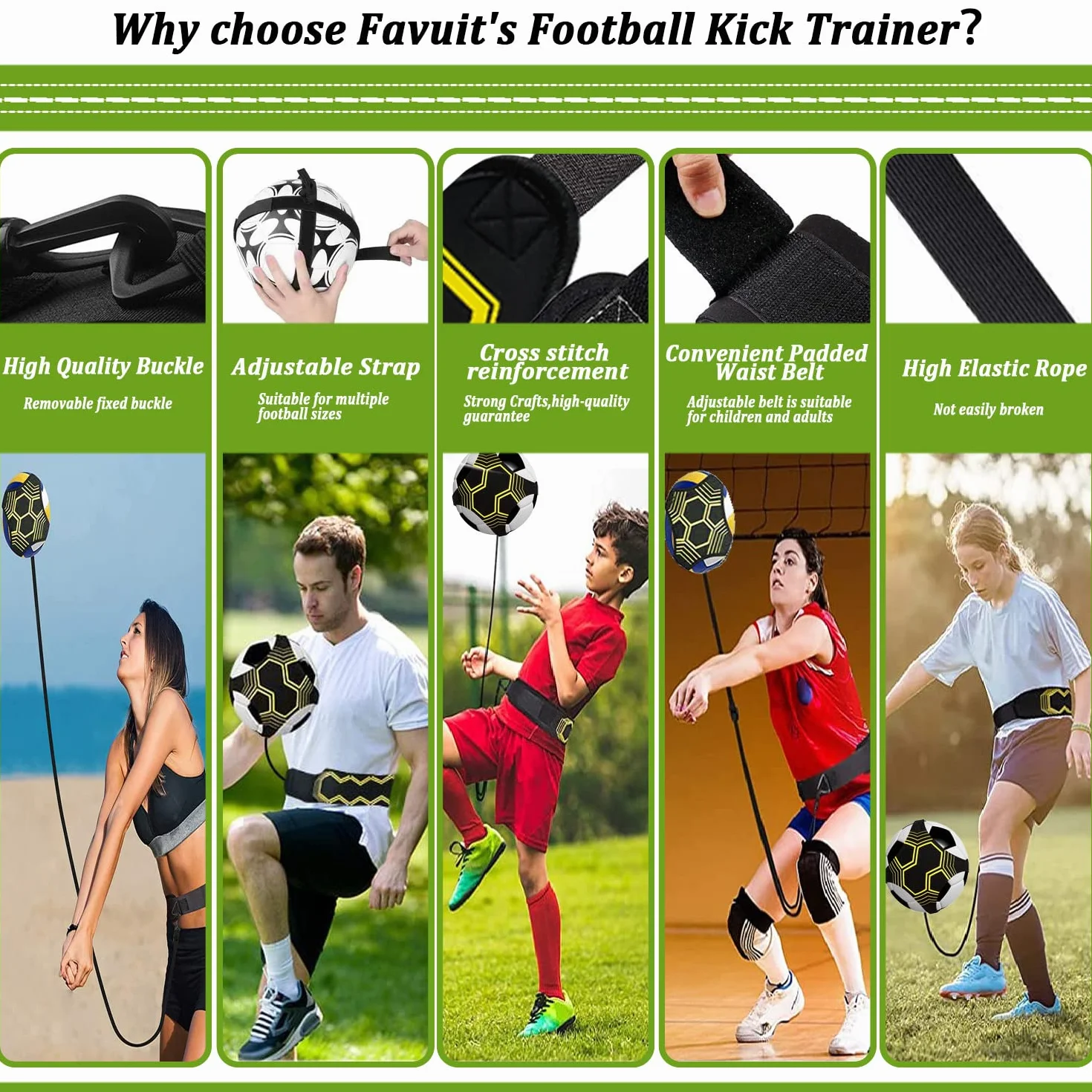 Favuit Trainer da Calcio, Cintura da Allenamento Regolabile Banda Elastica per Bambini Adulti Pallone Taglia 3 4 5