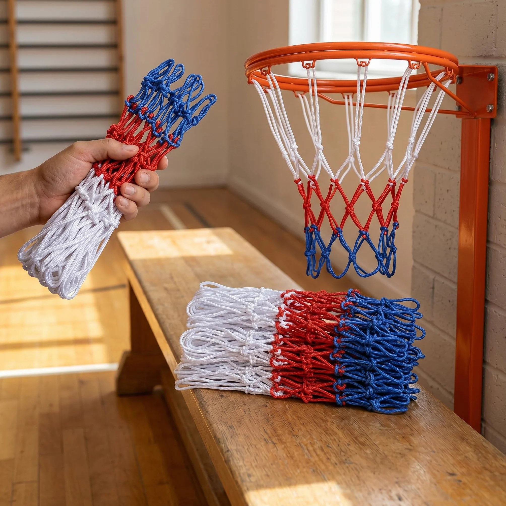 Rete Basket Rimovibile 12 Anelli Poliestere Resistente Intemperie Tricolore Ricambio Canestro 4 Pezzi
