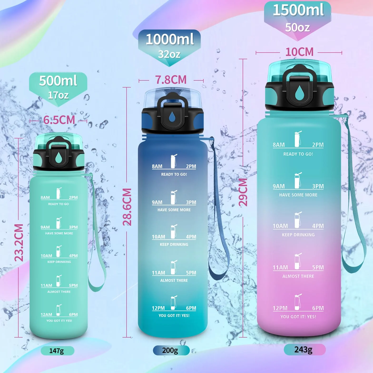 Vikaster Borraccia Sportiva, Borraccia 500ml/1000ml/1500ml, Senza BPA & Prova di Perdite, Bottiglia Acqua Bambini, Bici, Scuola, Palestra, Ufficio, Yoga