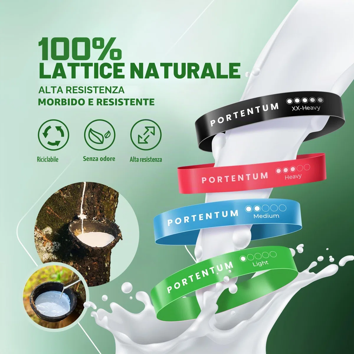 PORTENTUM elastici fitness, set di 5 fasce elastico fitness. Comoda e resistente bande elastiche fitness. Fascia elastica fitness, elastici palestra
