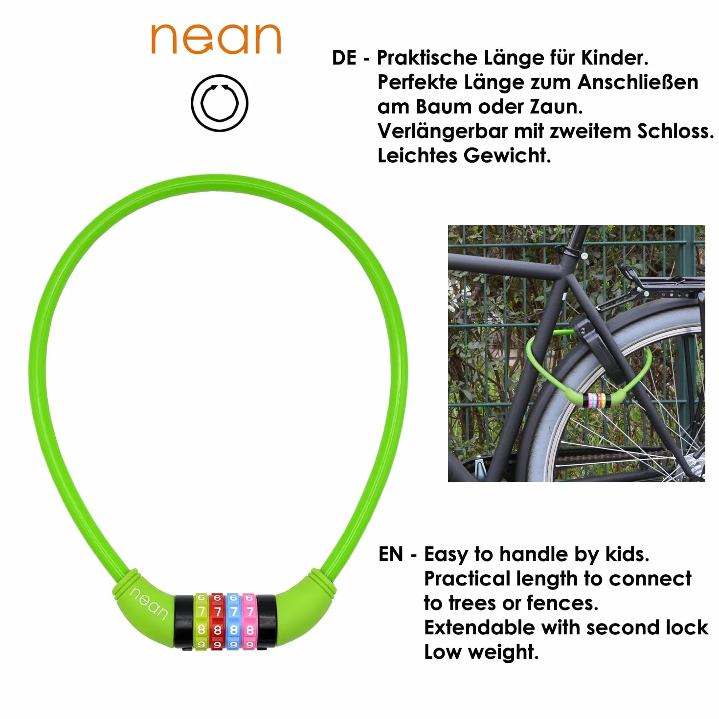 Nean, cavo spiralato con lucchetto per la bicicletta dei bambini, serratura a combinazione numerica, colorato, 10 x 650 mm (verde)