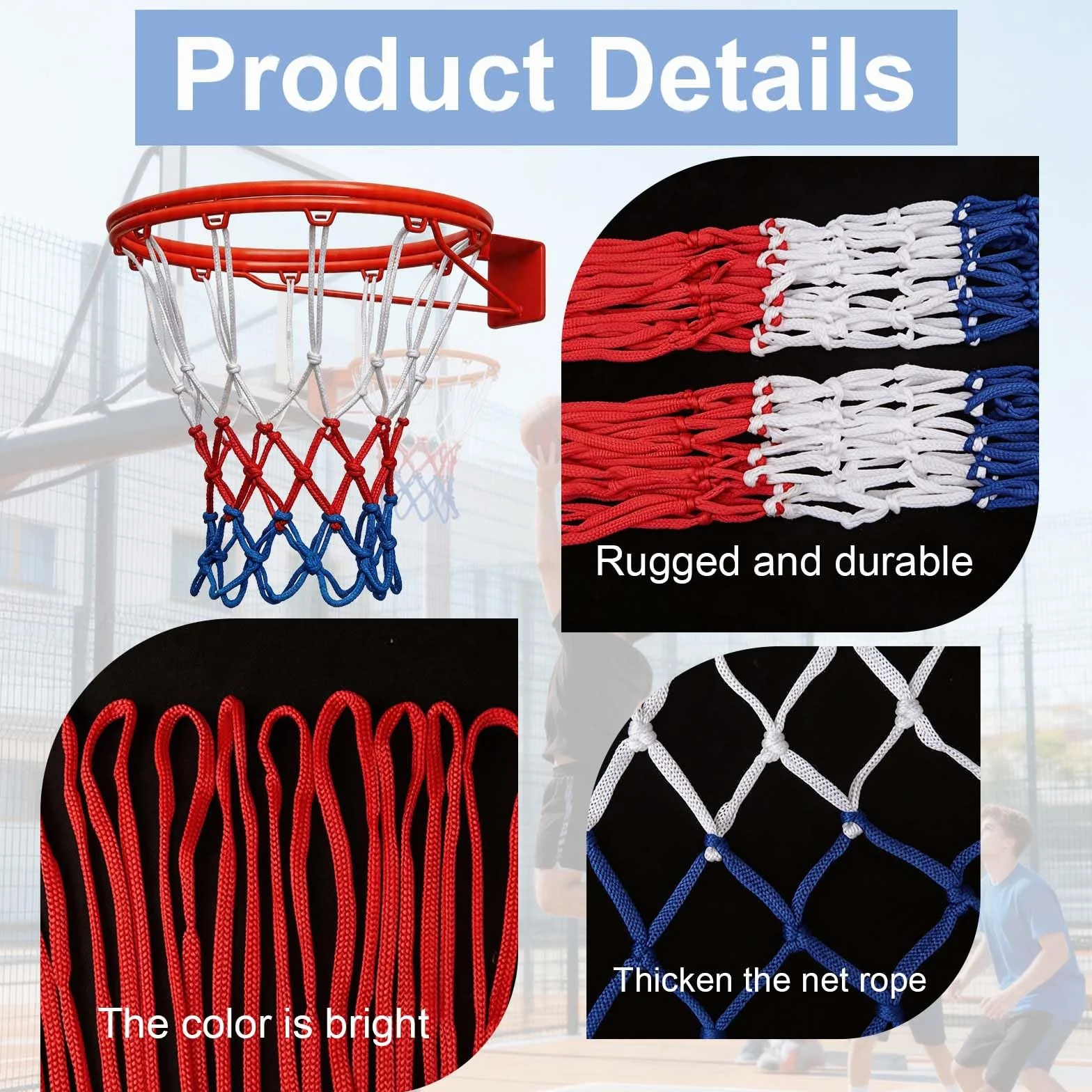 Rete Basket Rimovibile 12 Anelli Poliestere Resistente Intemperie Tricolore Ricambio Canestro 4 Pezzi