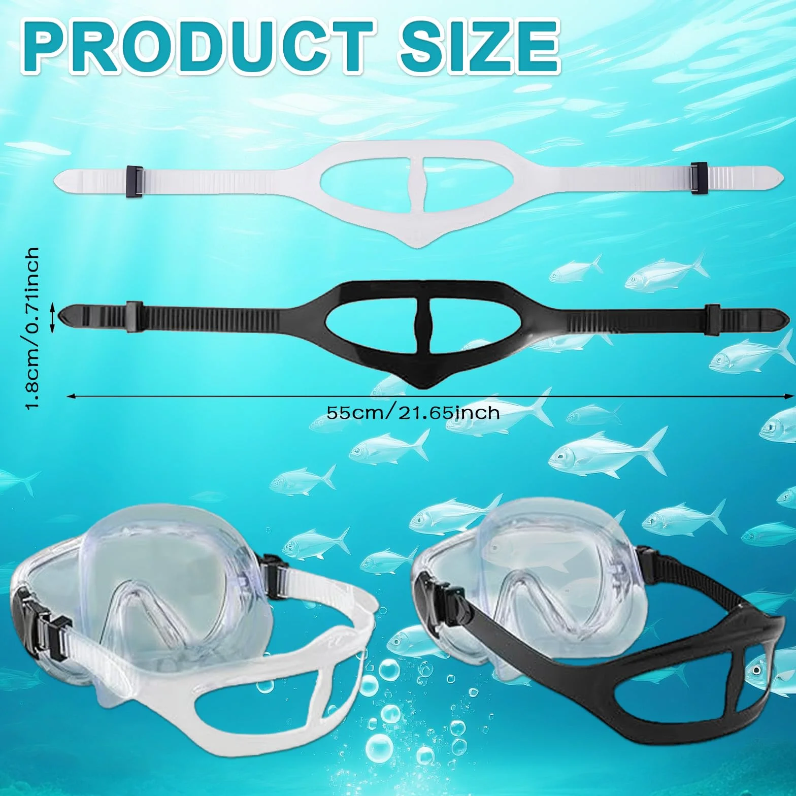 Cinghie per maschera subacquea, cinghie regolabili in silicone per immersioni, snorkeling e maschere subacquee, morbide e resistenti, 2 pezzi, bianco/nero, 56 x 1,8 cm