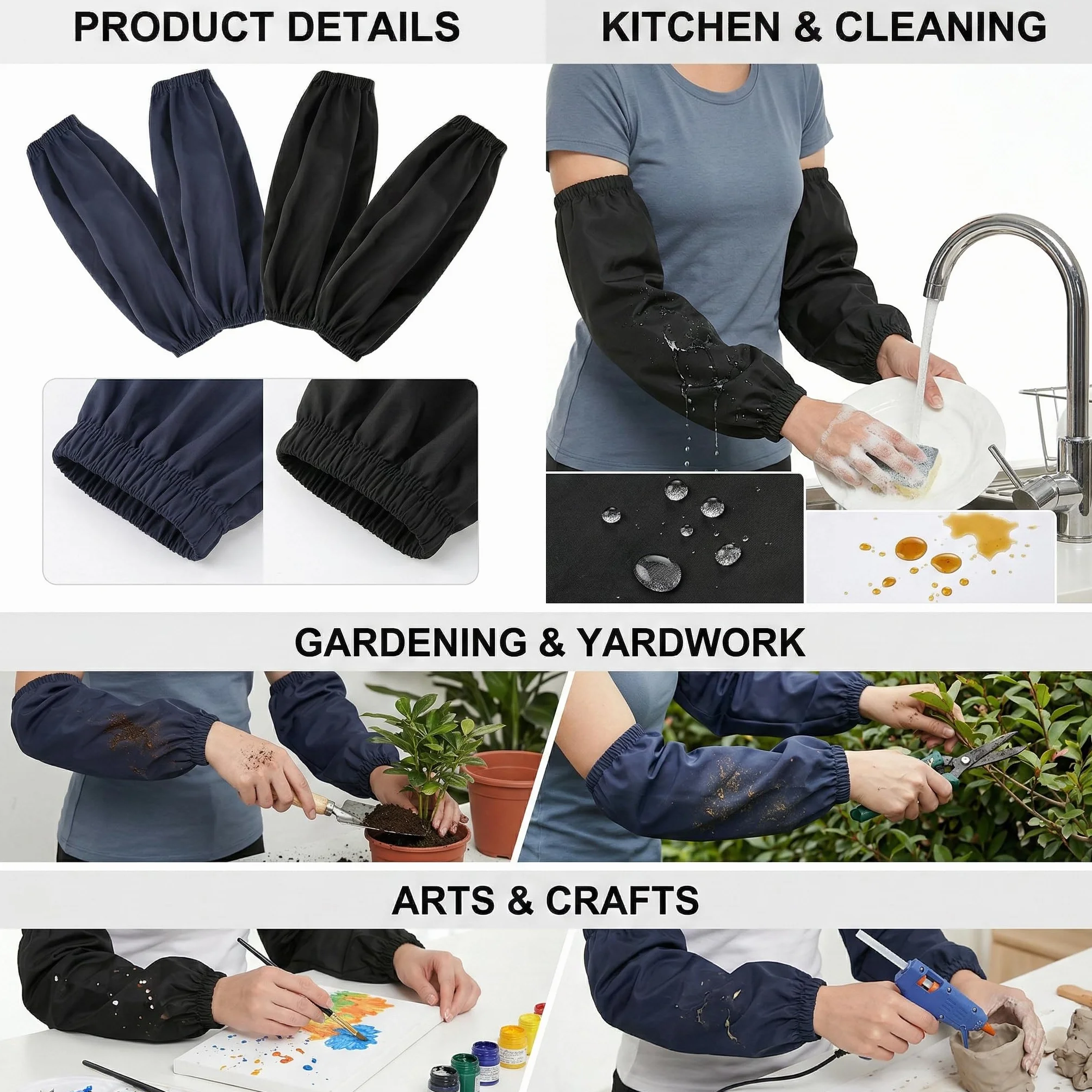 Impermeabili per Braccia 2 Paia Protezione Lavoro Cucina Giardinaggio 36cm Nero Blu