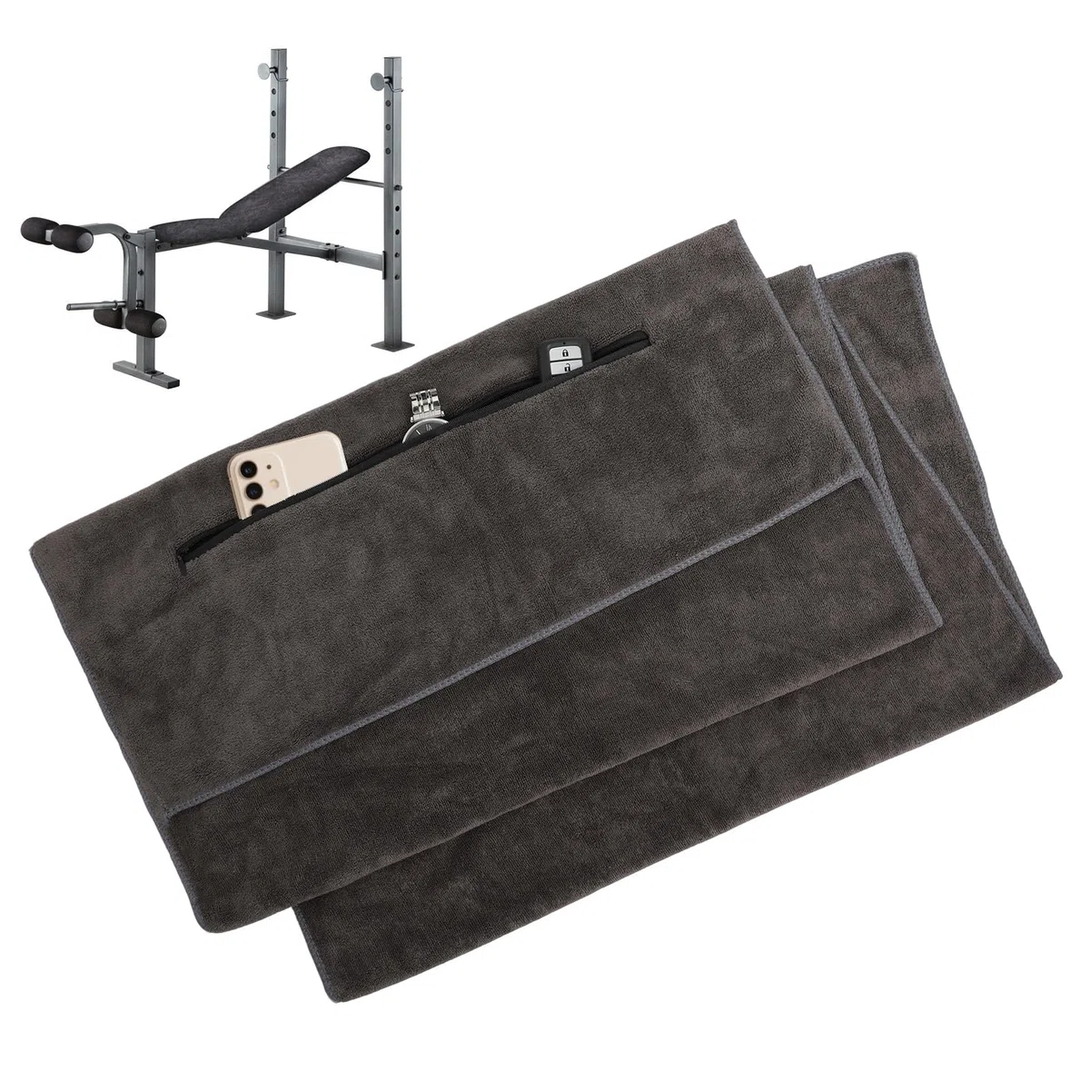 RMIVEGLIA Asciugamano microfibra 120x50cm – asciugamano palestra con tasca con zip e cappuccio di fissaggio – asciugamani Palestra per sport, yoga, relax e uso outdoor – telo palestra grigio
