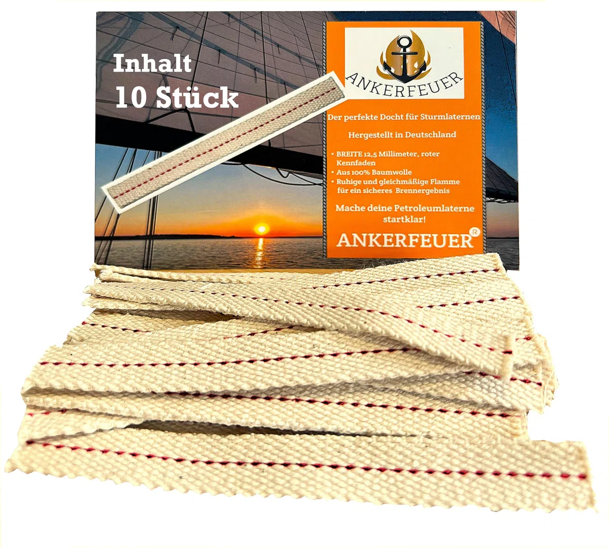 10 stoppini da 12 cm in 100% cotone filo rosso 12,5 mm di larghezza + esattamente compatibile con lanterna 276 e altre lanterne a petrolio, stoppino piatto durevole e sicuro