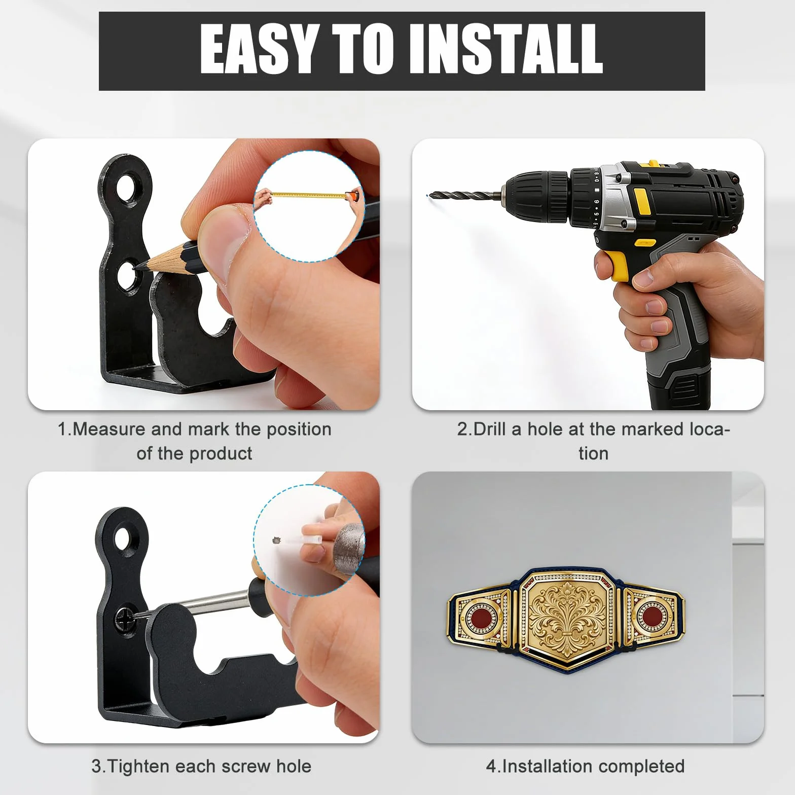 Supporto per Cintura da Campionato, 4 Pezzi Supporto da Parete per Cintura 6,5 x 5,3 x 3 cm Metallo Cintura da Wrestling da Appendere Alla Parete con Viti per Lottatori Adulti e Bambini, Nero