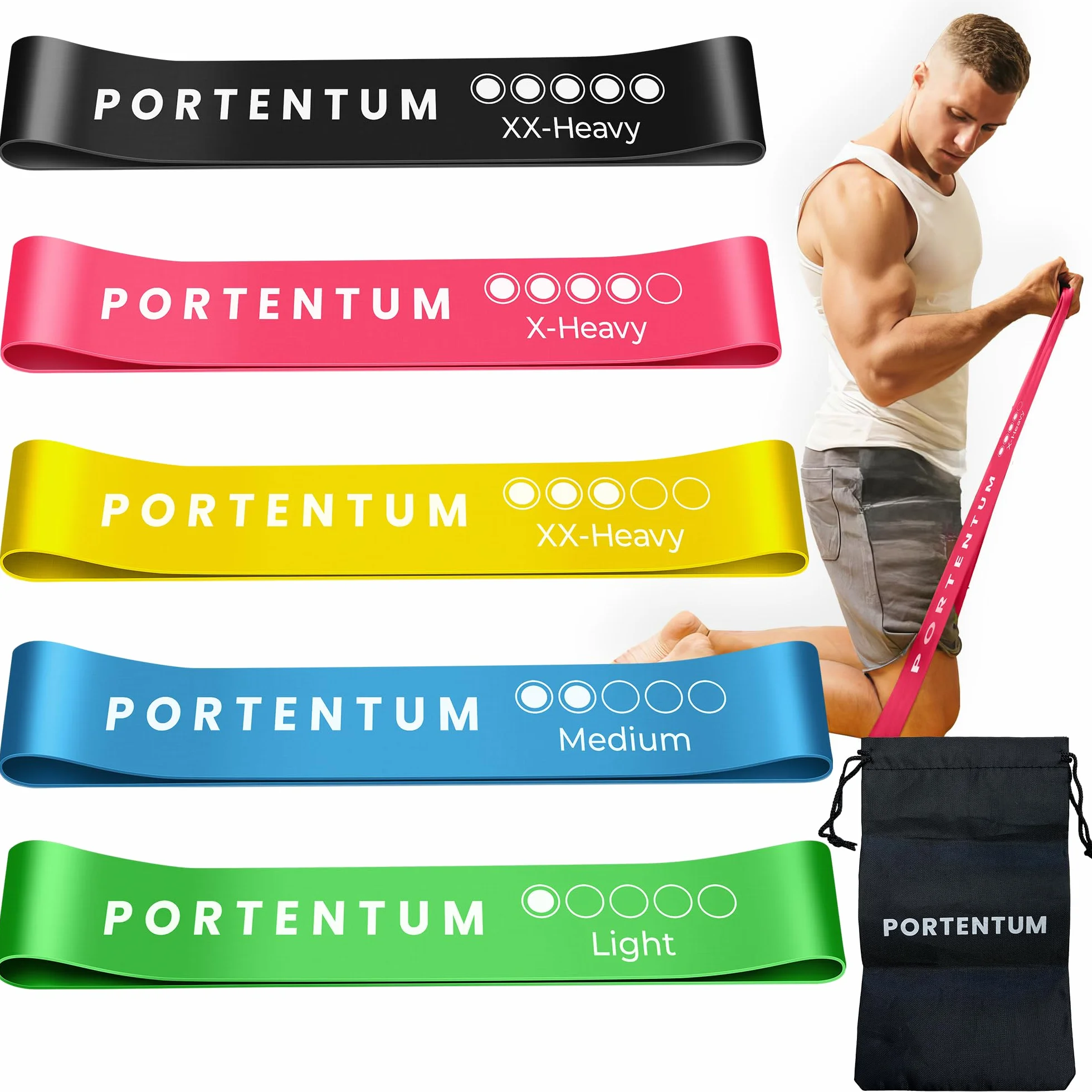 PORTENTUM elastici fitness, set di 5 fasce elastico fitness. Comoda e resistente bande elastiche fitness. Fascia elastica fitness, elastici palestra