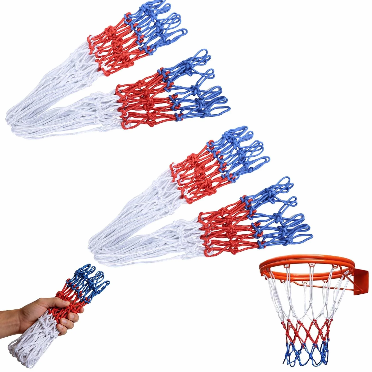 Rete Basket Rimovibile 12 Anelli Poliestere Resistente Intemperie Tricolore Ricambio Canestro 4 Pezzi