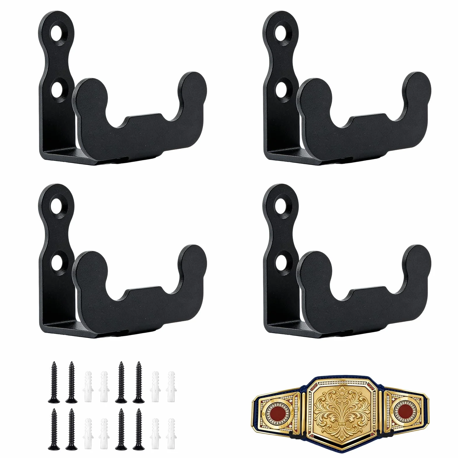 Supporto per Cintura da Campionato, 4 Pezzi Supporto da Parete per Cintura 6,5 x 5,3 x 3 cm Metallo Cintura da Wrestling da Appendere Alla Parete con Viti per Lottatori Adulti e Bambini, Nero