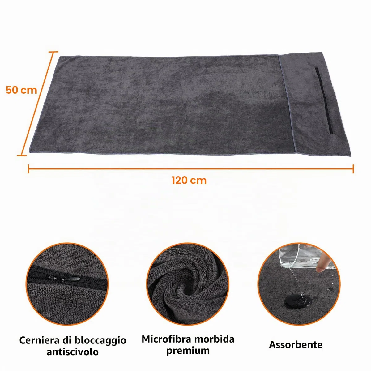 RMIVEGLIA Asciugamano microfibra 120x50cm – asciugamano palestra con tasca con zip e cappuccio di fissaggio – asciugamani Palestra per sport, yoga, relax e uso outdoor – telo palestra grigio