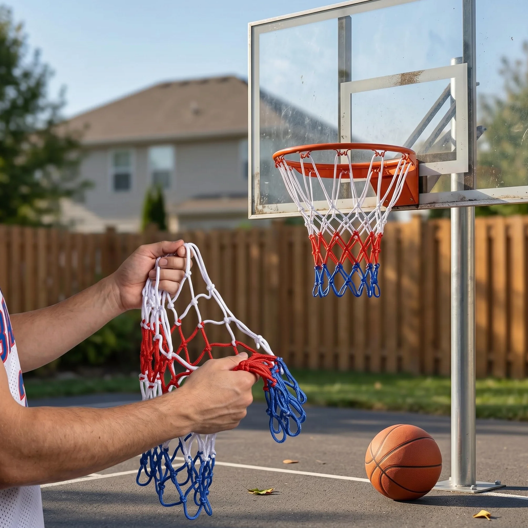 Rete Basket Rimovibile 12 Anelli Poliestere Resistente Intemperie Tricolore Ricambio Canestro 4 Pezzi