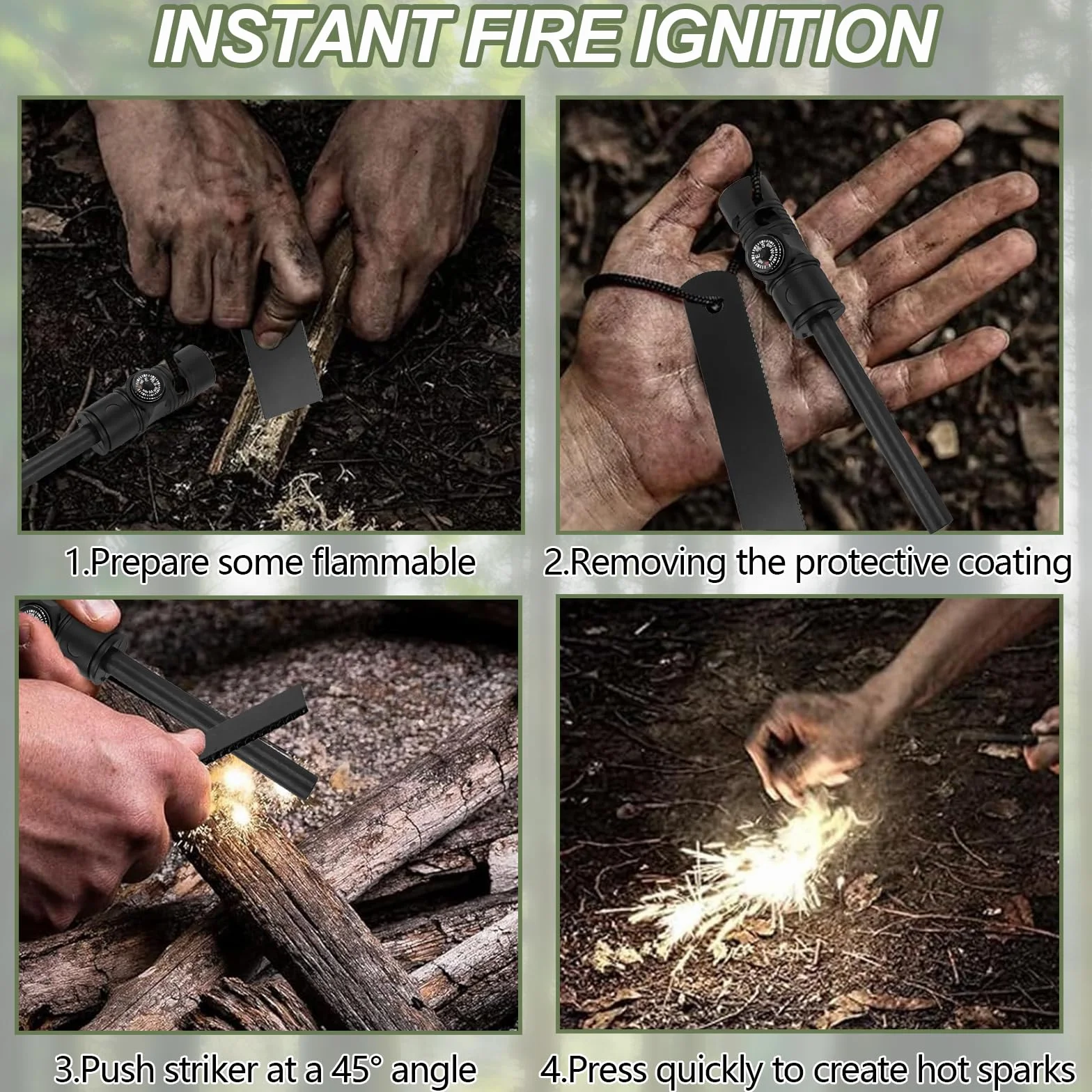 Set di 2 Pietra Focaia di Sopravvivenza, Acciarino di Fuoco Sopravvivenza, Selce per Fuoco, con Paracord di qualità Oltre, Raschietto per Campeggio Trekking Escursioni