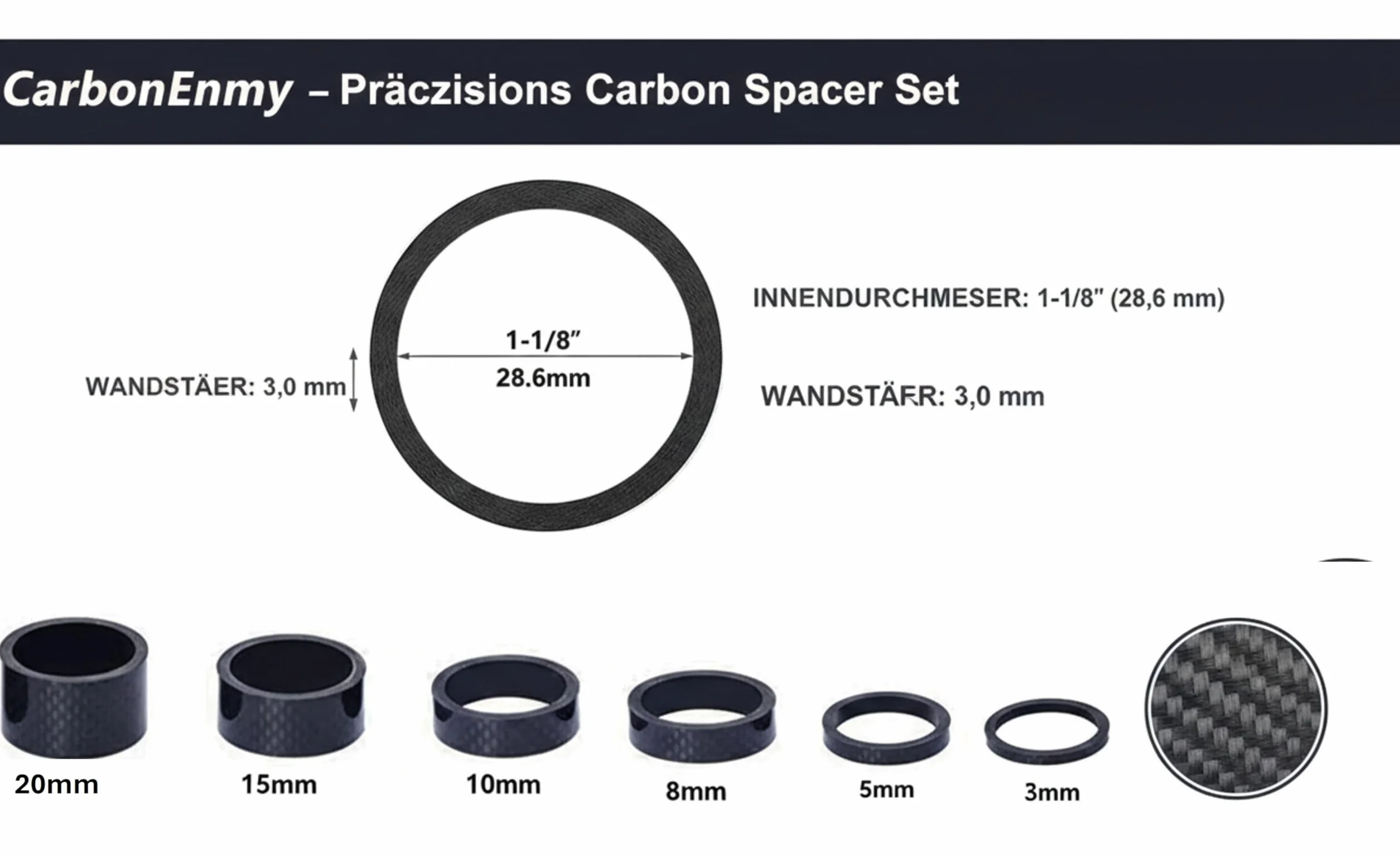 Set da 6 pezzi Carbon Spacer 1 1/8" (28,6 mm) – Spacer ultraleggero 3/5/8/10/15/20 mm per MTB e bici da strada – 3K Glossy – Rivenditore tedesco