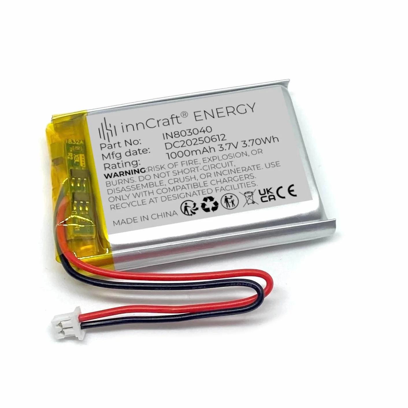 innCraft Energy Batteria ai polimeri di litio 1000mAh 3,7V 40x30x8 Modello 803040 2P