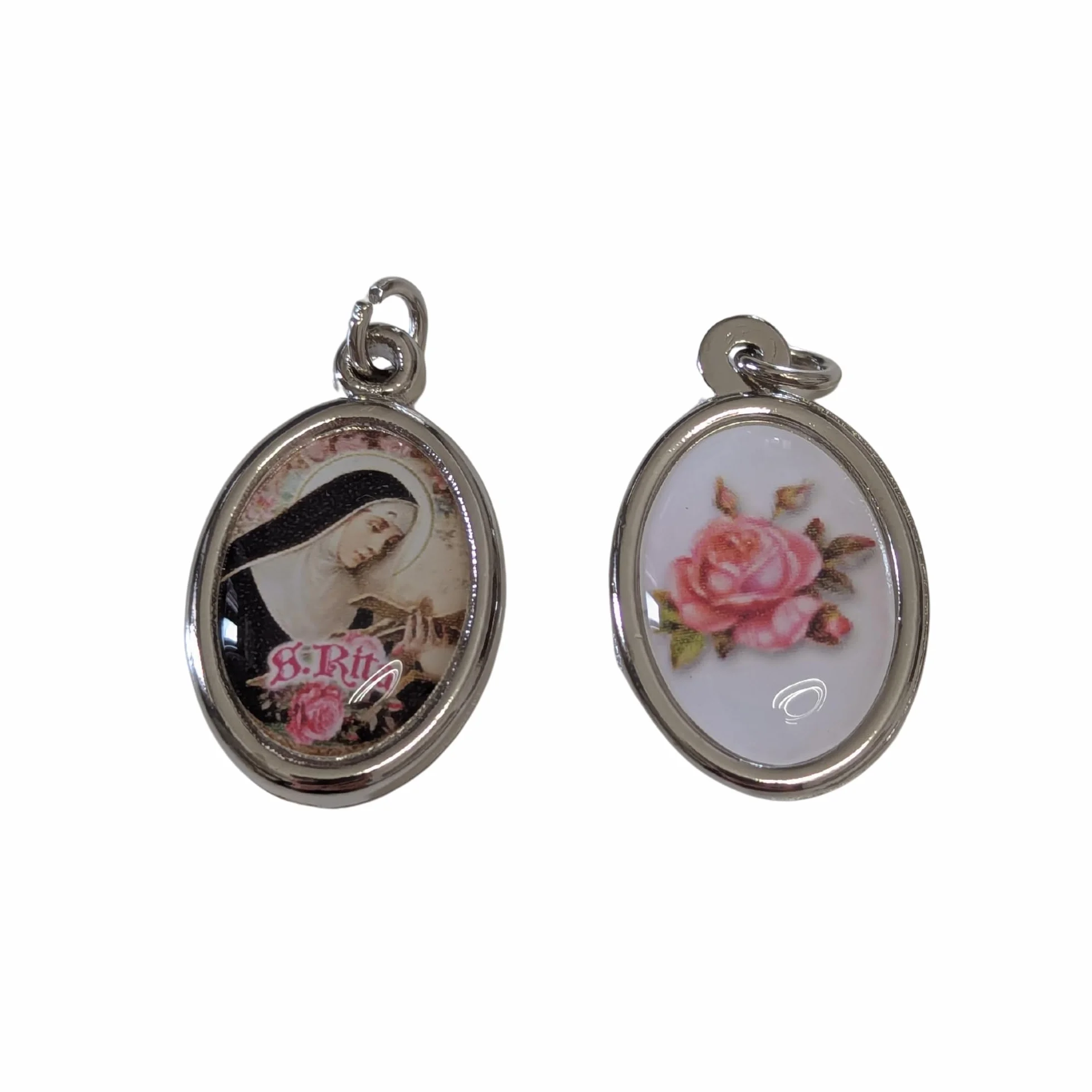 Medaglia di Santa Rita da Cascia, Medagliette Ovali 3 cm, Bifacciale con Immagine e Rosa, Ciondolo Devozionale Sacro