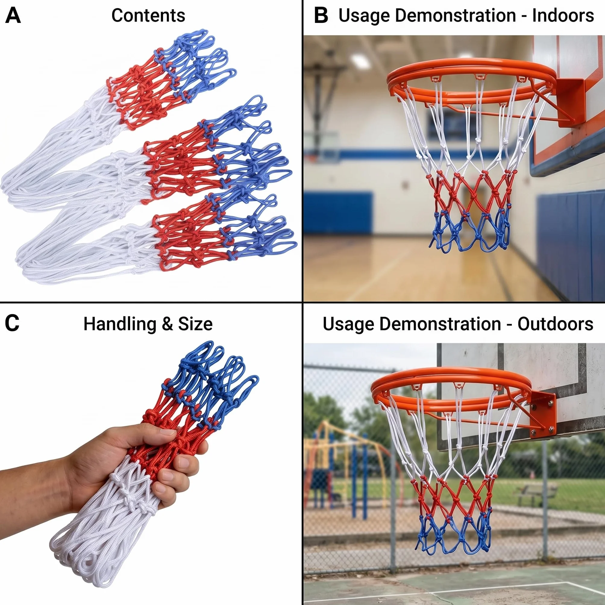 Rete Basket Rimovibile 12 Anelli Poliestere Resistente Intemperie Tricolore Ricambio Canestro 4 Pezzi