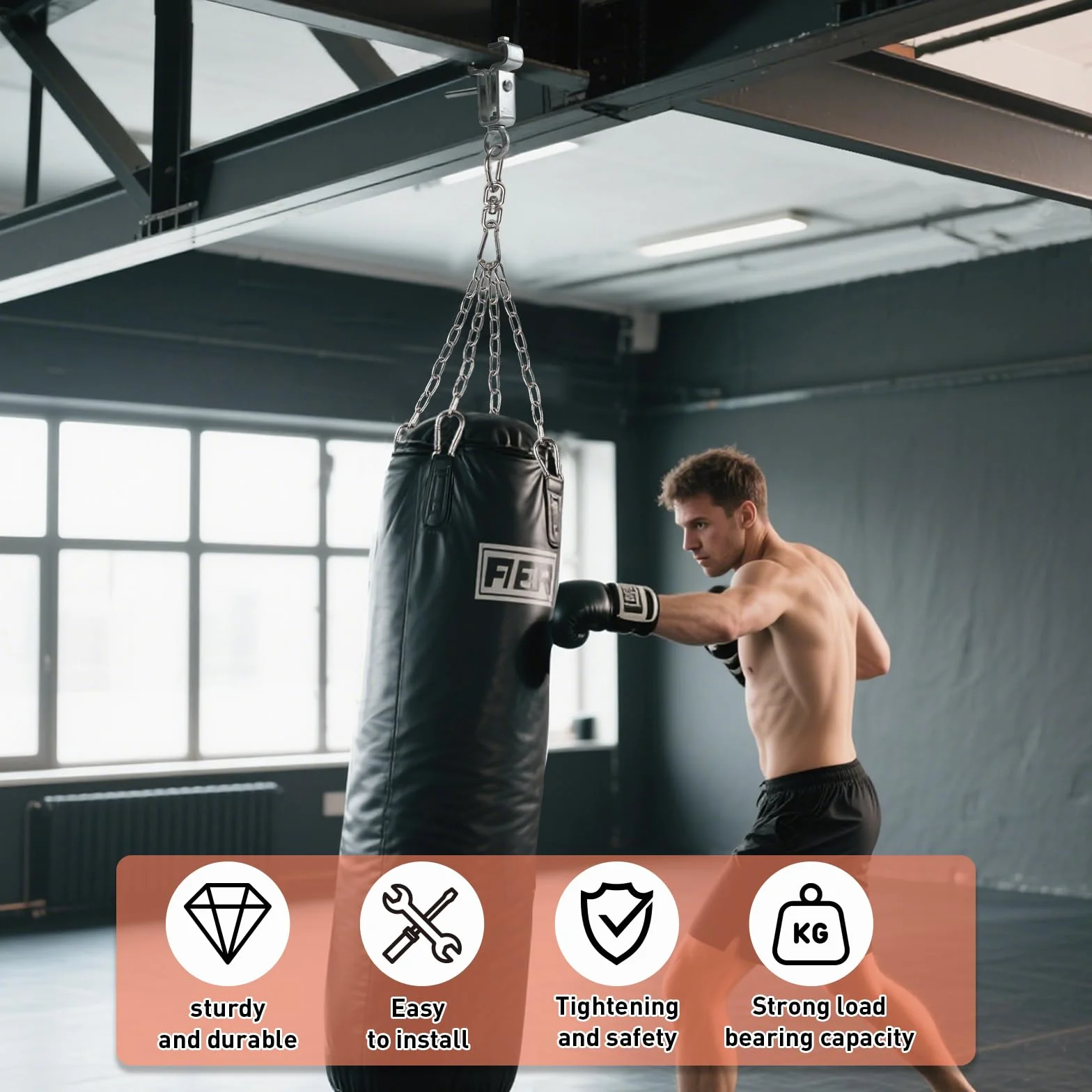 1 Pezzo Gancio per Trave a I – Supporto in Acciaio per Sacco da Boxe – Con Catena a 4 Filamenti – Moschettone per Fissaggio Sacco di Sabbia – Allenamento Indoor/Outdoor – Muay Thai, Boxe, MMA