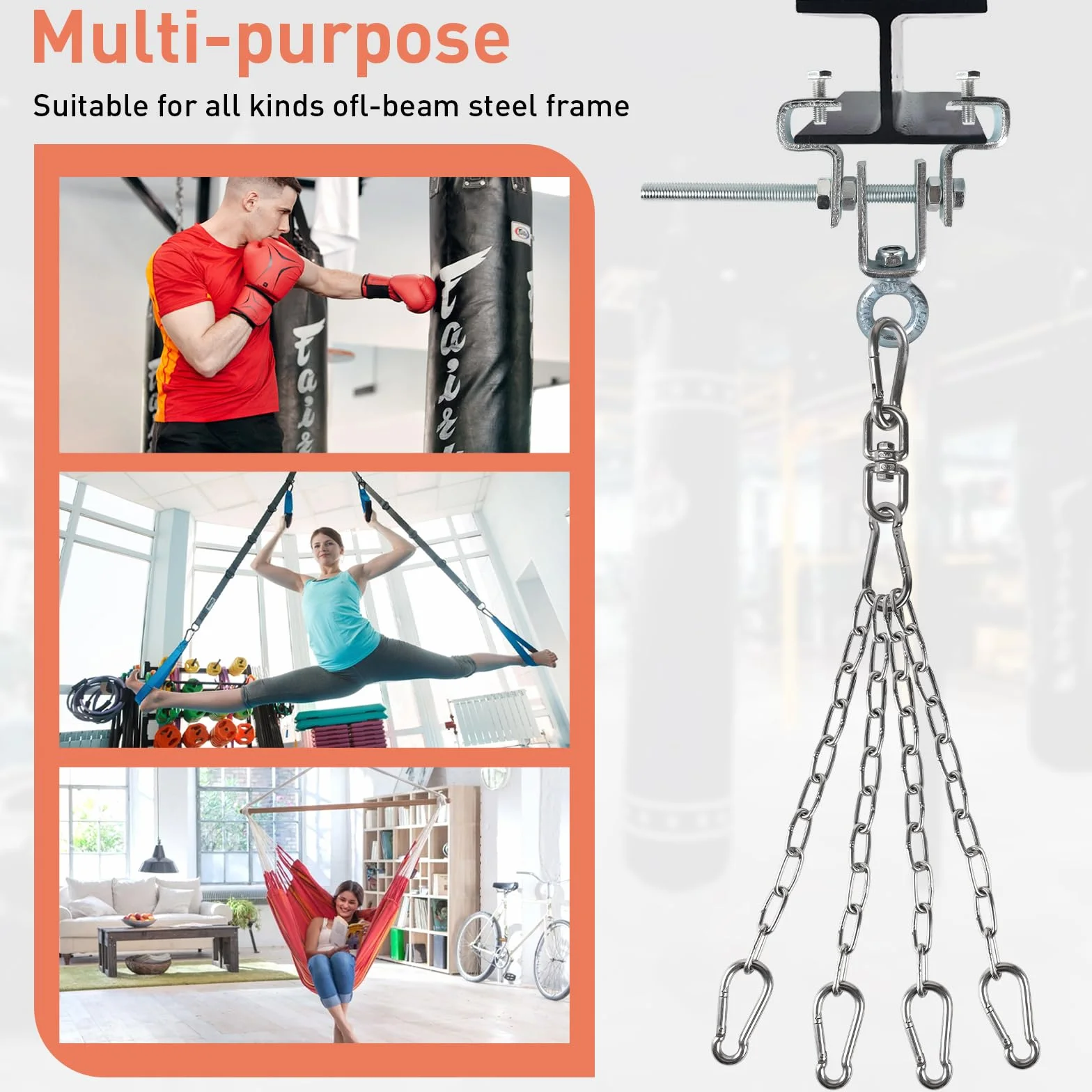 1 Pezzo Gancio per Trave a I – Supporto in Acciaio per Sacco da Boxe – Con Catena a 4 Filamenti – Moschettone per Fissaggio Sacco di Sabbia – Allenamento Indoor/Outdoor – Muay Thai, Boxe, MMA