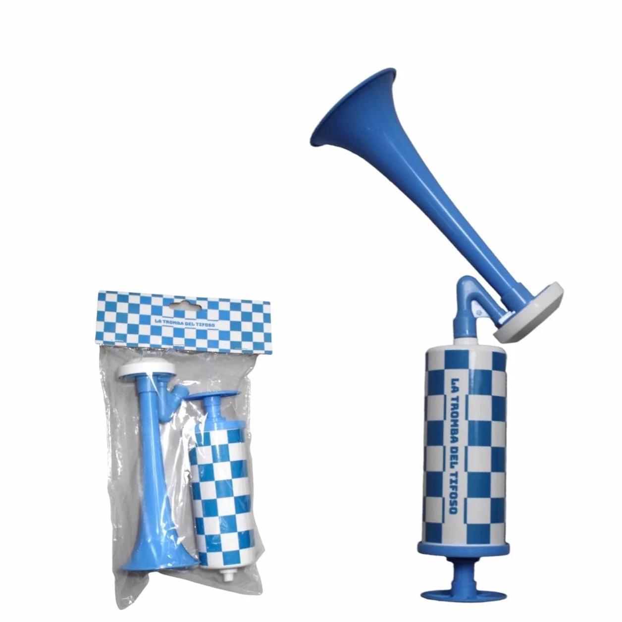 Tromba da Stadio Manuale Clacson ad Aria a Pompa Design a Scacchi Blu e Bianchi per Tifosi Eventi Sportivi Feste