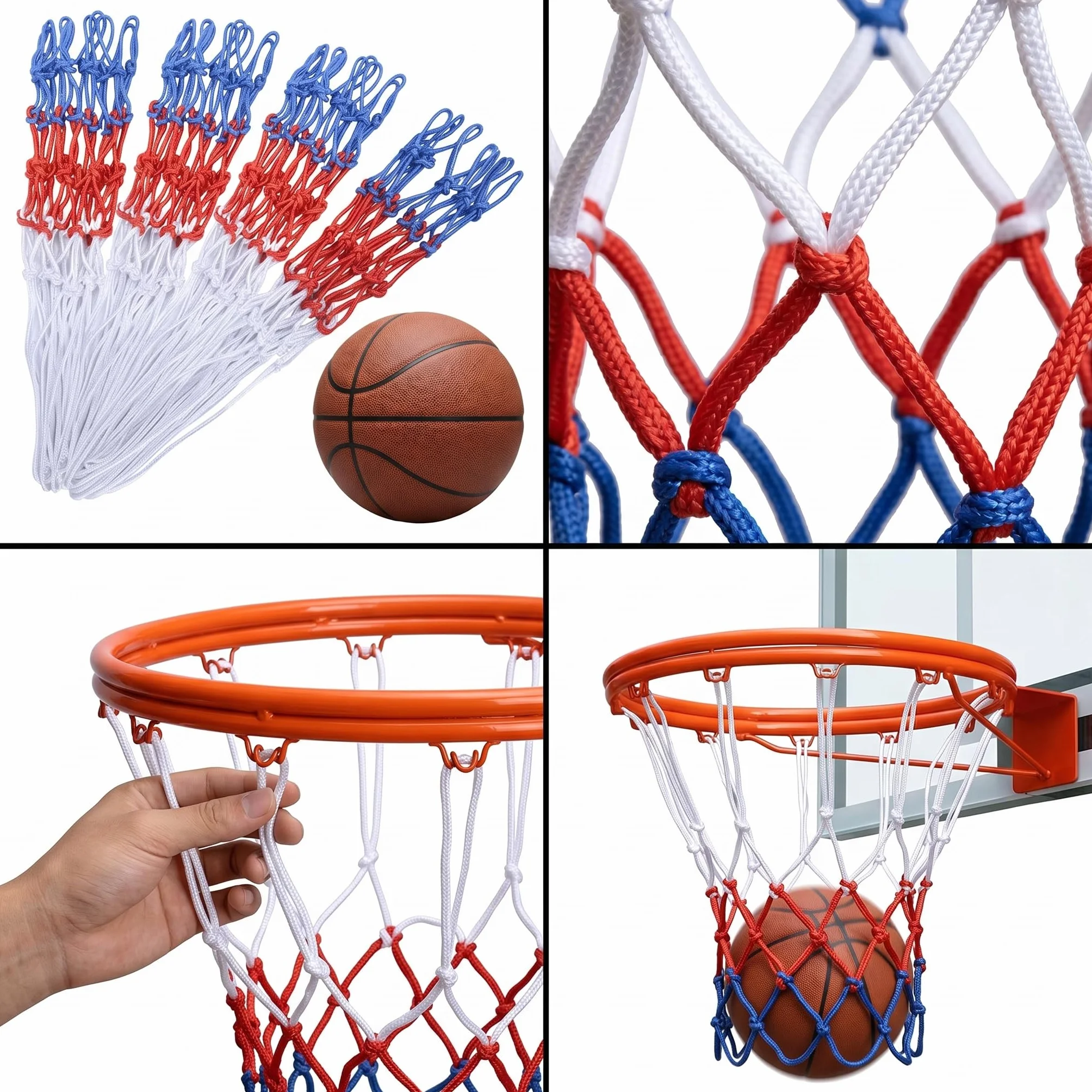 Rete Basket Rimovibile 12 Anelli Poliestere Resistente Intemperie Tricolore Ricambio Canestro 4 Pezzi